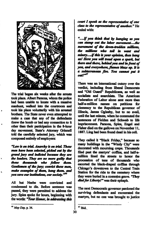 the words: “Your Honor, in addressing this  the millions who todl in wani and misery...if ths is your apinion, then hang. st Here you wil tread upon a spark, but there and ther, bekind you and in front of you, and everywhere, flames blze up. It is  Staion for the rde to the cemetery where. they were buried i a commbn grave. “They died for Liberty!” was theie epitaph.  martyrs, but 1o one was brought t justice  “ May Dy, p. 4.  